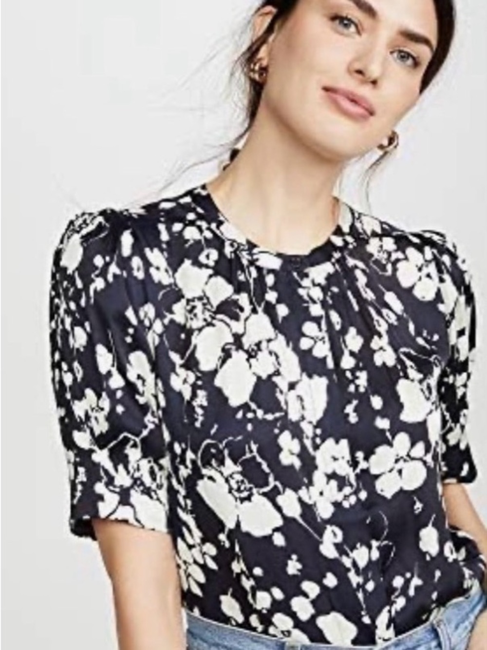 Joie Devoria Floral Navy and White Short Sleeve Blouse